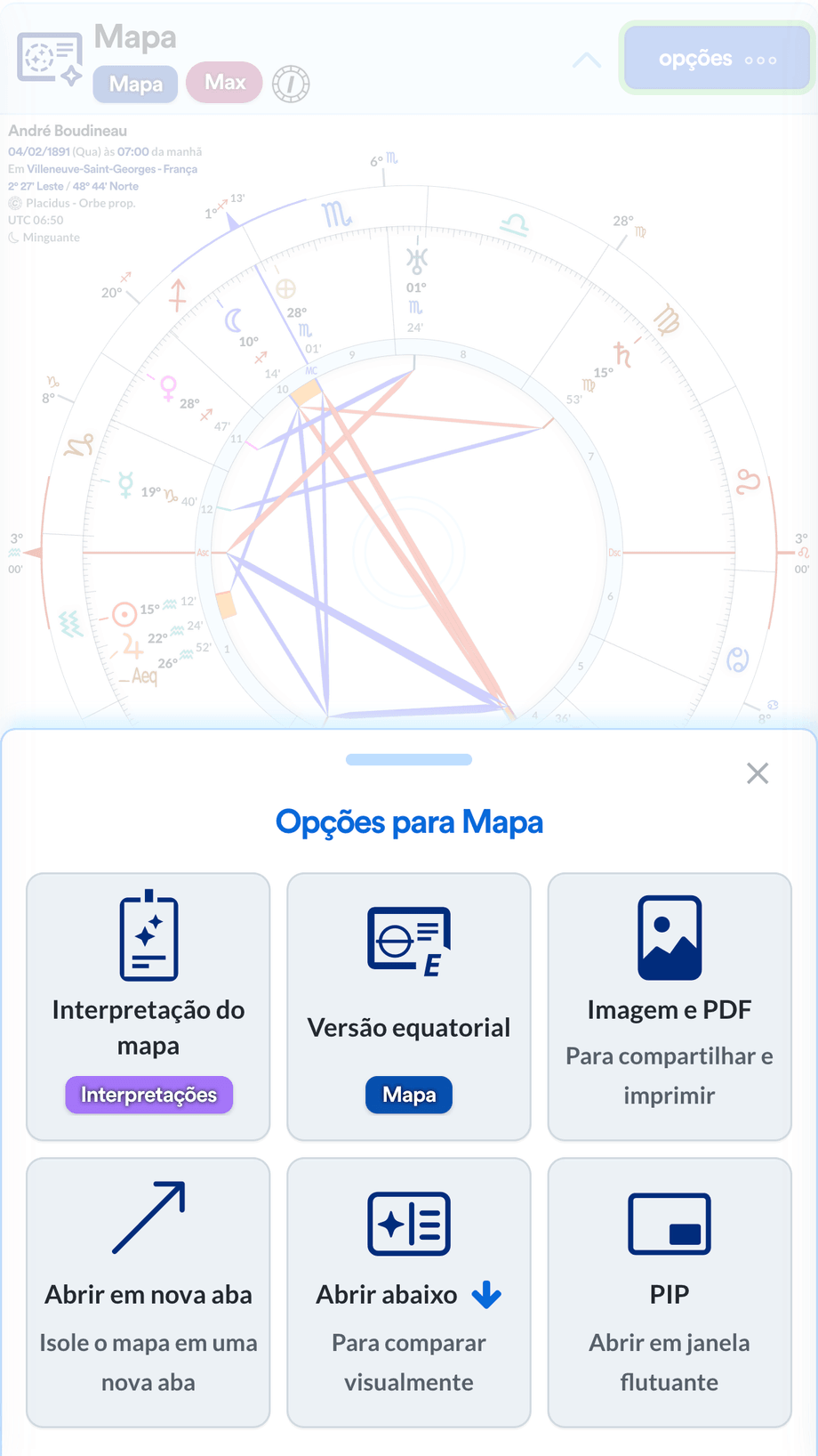 Menus de opções por técnica