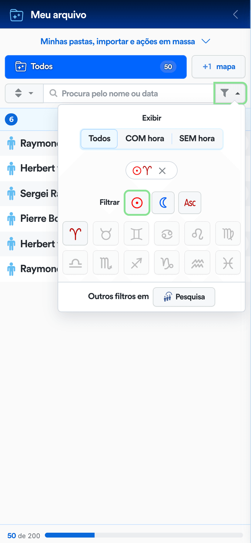 Menu de filtros rápidos por hora, Sol, Lua e Ascendente no Meu arquivo