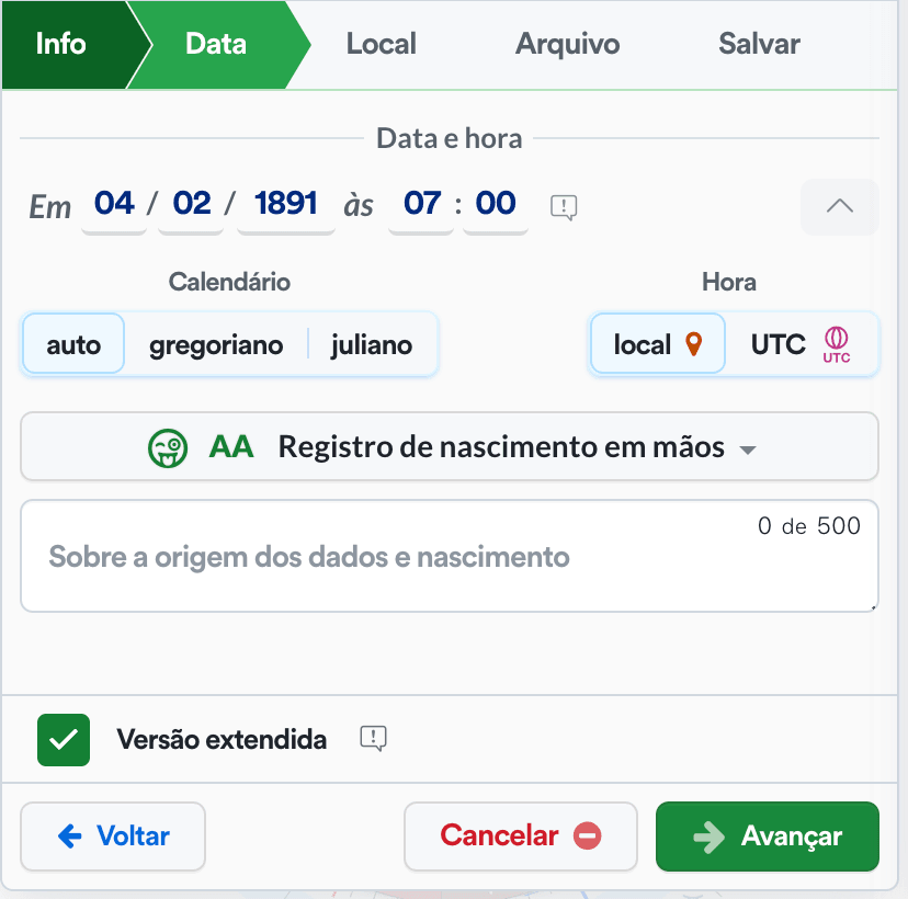 Seção data e hora do mapa